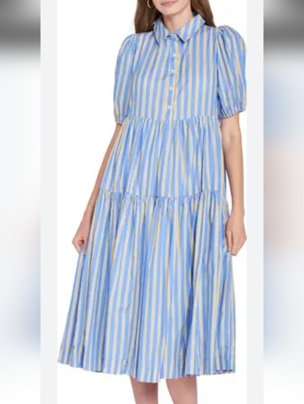 EN SAISON Blue and Yellow Striped Tiered Midi Shirt Dress